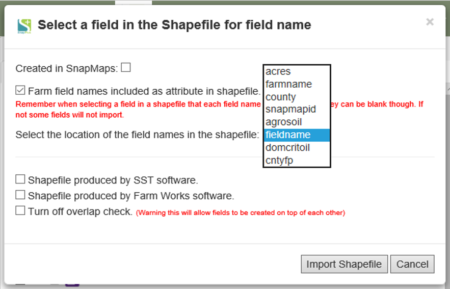 KV Select a field in the Shapefile for field name --