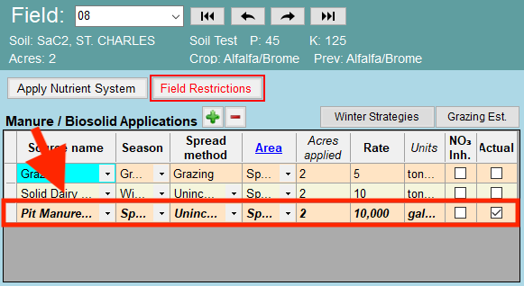 NAP Manure Apps daily log entry